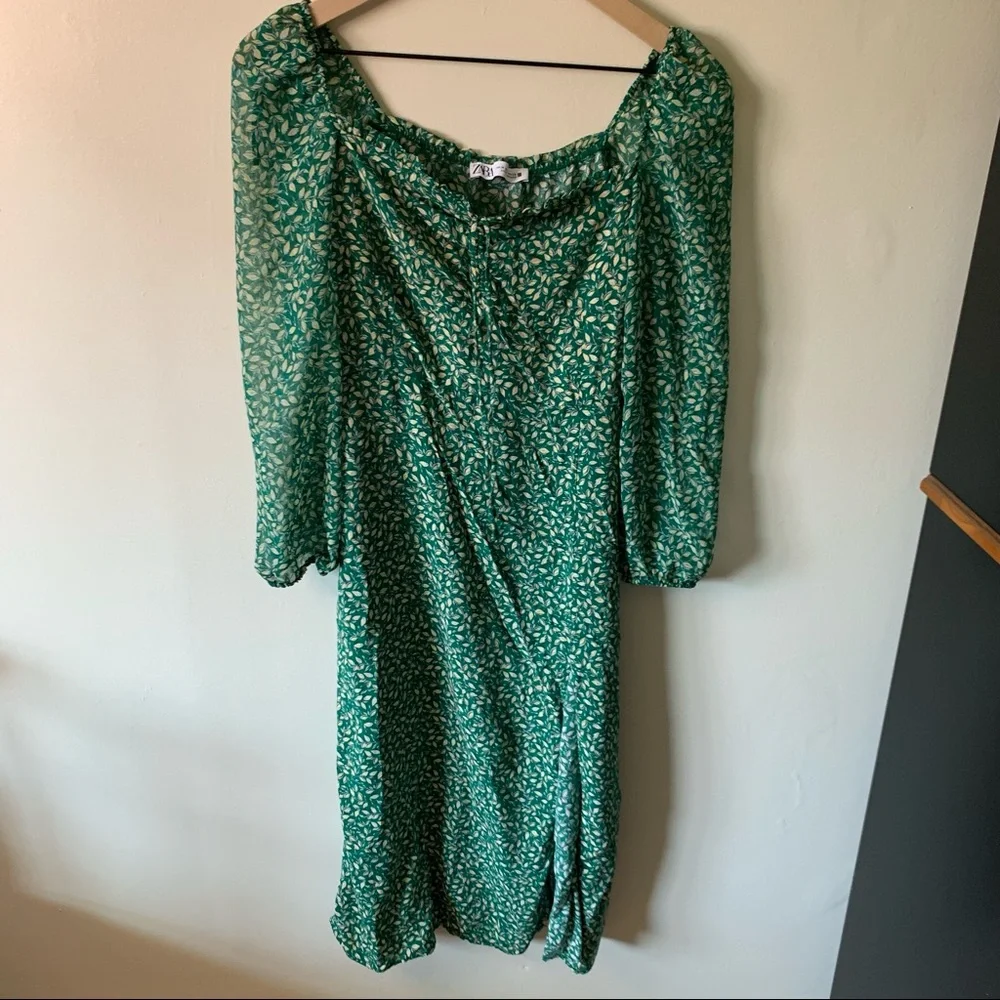 Zara Floral Green Midi Split Hem Dress Garden Plant Women's Medium - Picture 2 of 10